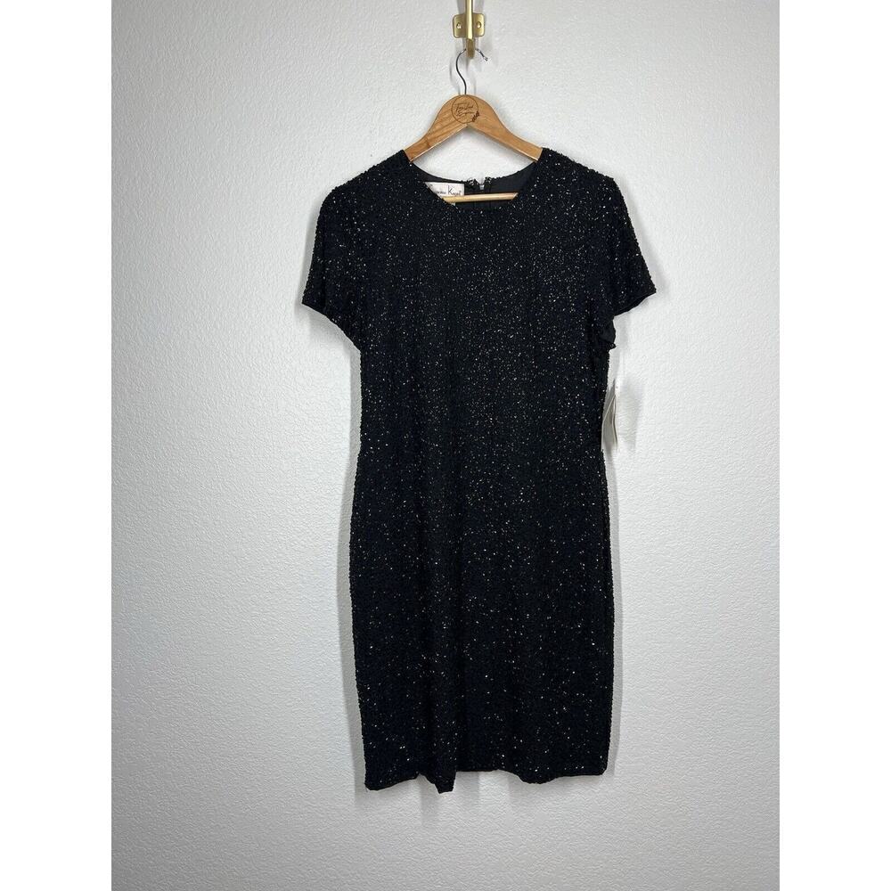 Vintage Hand Beaded Black Cocktail Dress Laurence Kazar Large